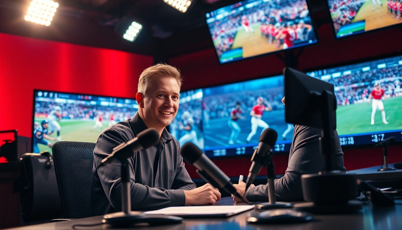 Dynamic scene of sports broadcasting with a commentator and live game visuals.