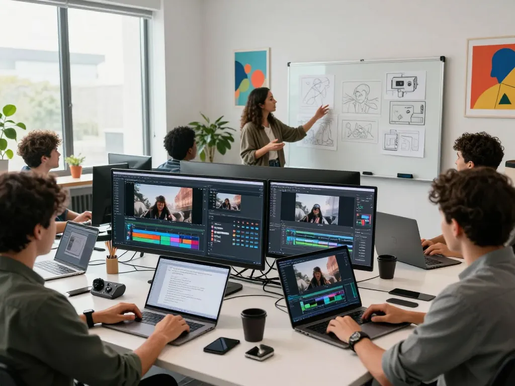 Creative workspace showcasing Seedance 2.0 in action with diverse team collaborating on AI video production.