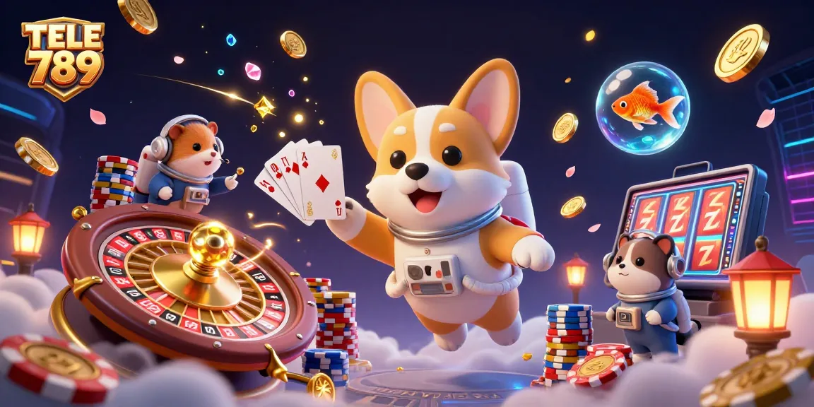 Engage in exciting gameplay with TELE 789 as a cartoon astronaut corgi and vibrant casino elements fill the scene.