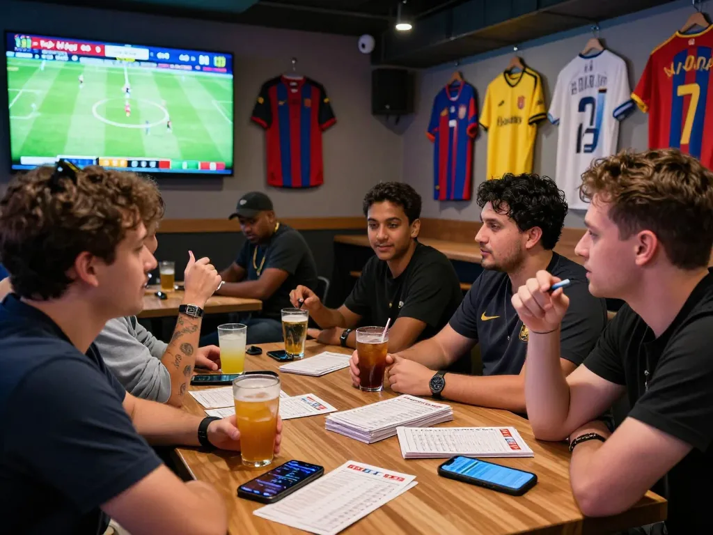 Enthusiastic bettors discussing strategies with tỷ lệ kèo bóng đá updates in a vibrant sports lounge.