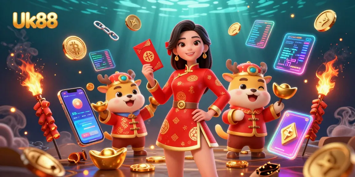 Experience Uk88's vibrant casino atmosphere with a festive Lunar New Year scene, featuring exciting game elements.