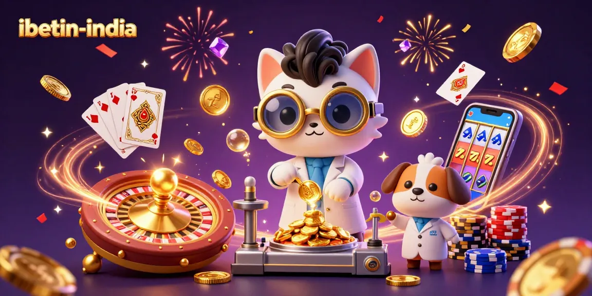 Experience winning at ibetin-india with a lively scene of gambling excitement, featuring coins and cards.