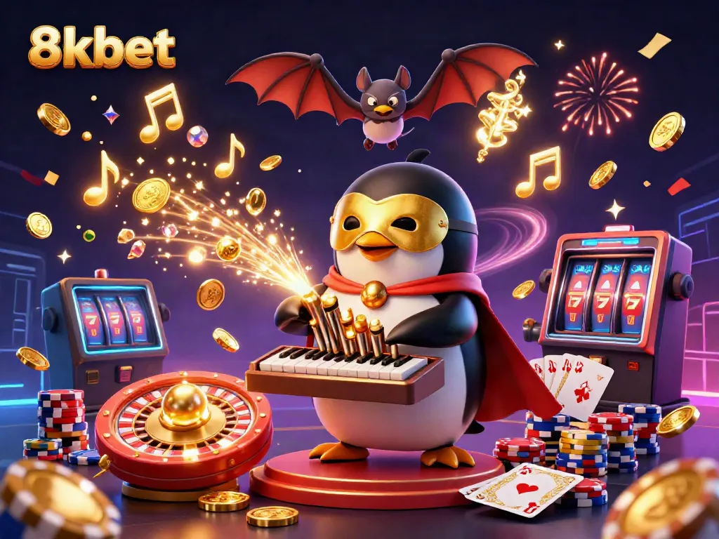 Experience fun gameplay at 8kbet with golden coins cascading around a whimsical casino scene.