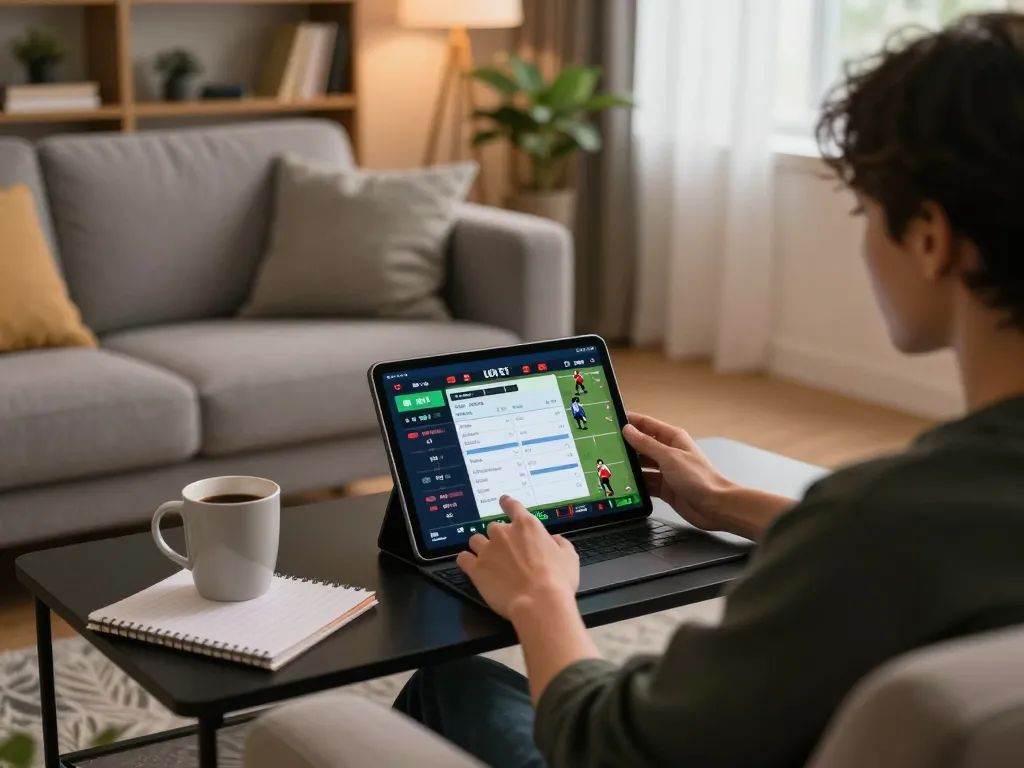 F168 user engaging in sports betting on tablet, showcasing interactive betting experience in cozy setting.