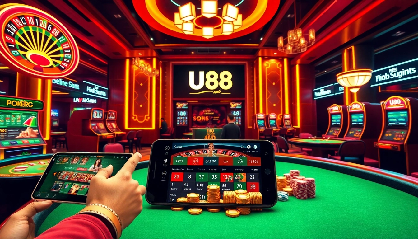 Experience the thrill of UU88 trang chủ with an engaging casino scene featuring modern gaming elements.