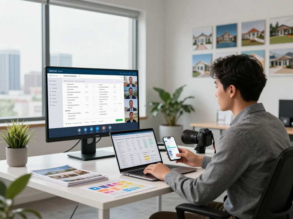 IDXSTAR real estate agent showcasing listings in a modern office.