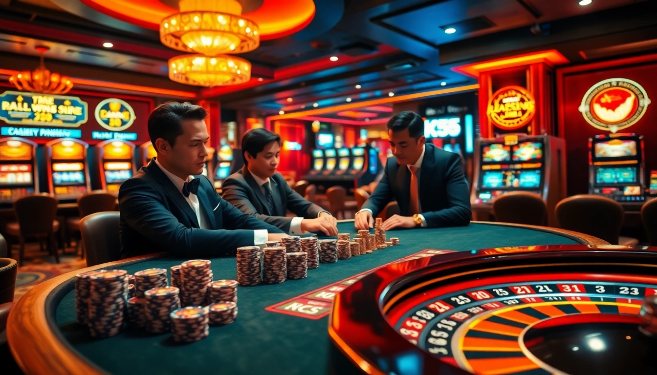 High-stakes poker action at KK55 casino with vibrant chip stacks and slot machines.