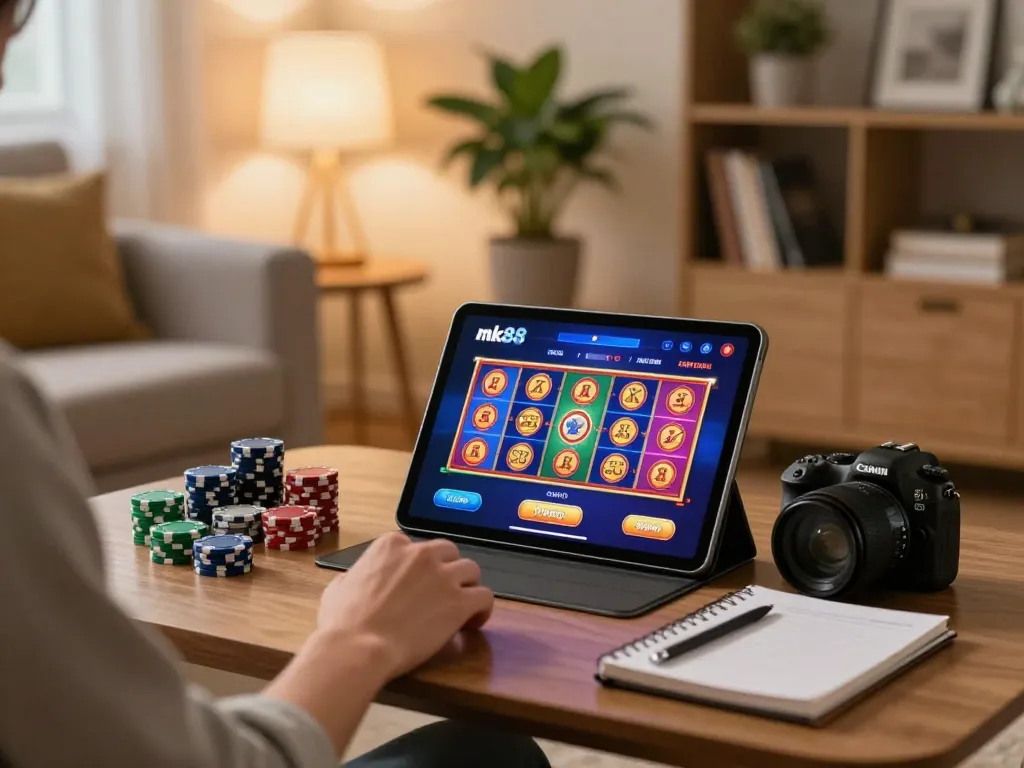 Player enjoys the nk88 online gaming app on a tablet in a cozy home setting.
