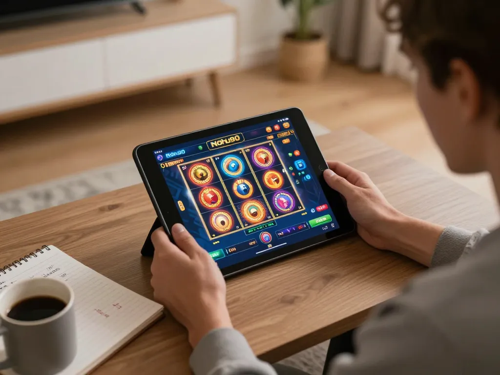 Nohu90 app gameplay showcasing vibrant slot machine excitement on a cozy home gaming setup