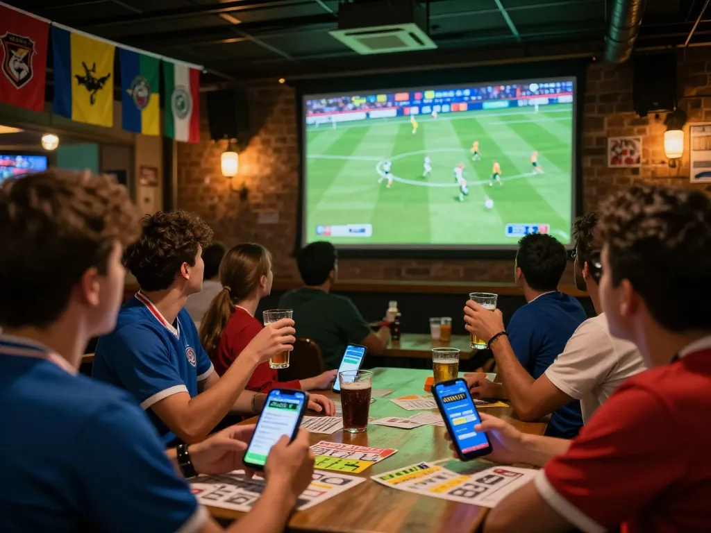 Socolive fans excitedly watching football while using betting apps in social setting
