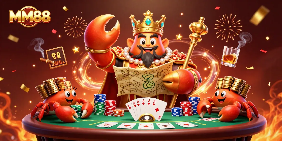 Win big at MM88 with the golden crab emperor leading a lavish casino celebration.