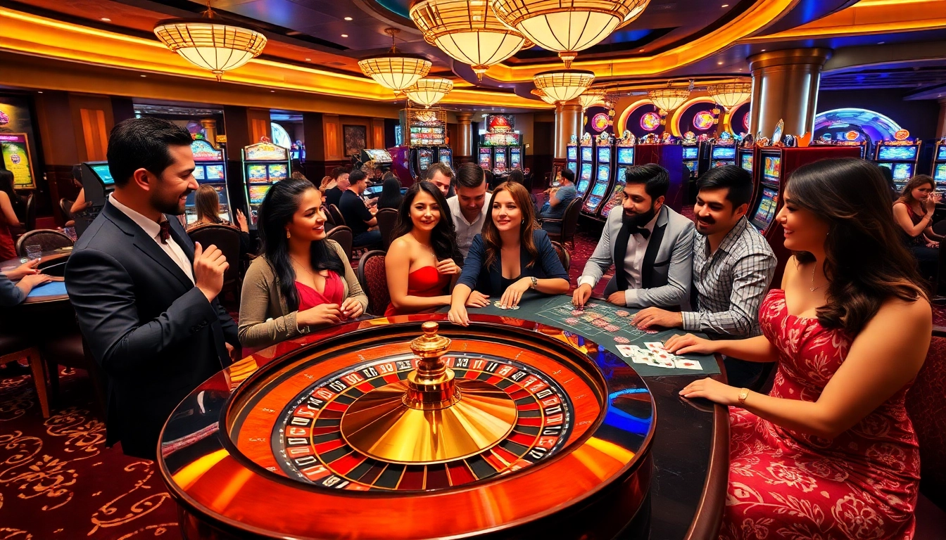 Gambling excitement at gg88vn asia casino with players at poker and roulette tables.