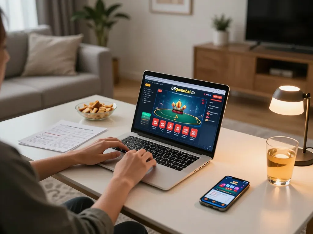 Engaged player using the 68gamebaivn app for online poker gaming in a cozy home environment