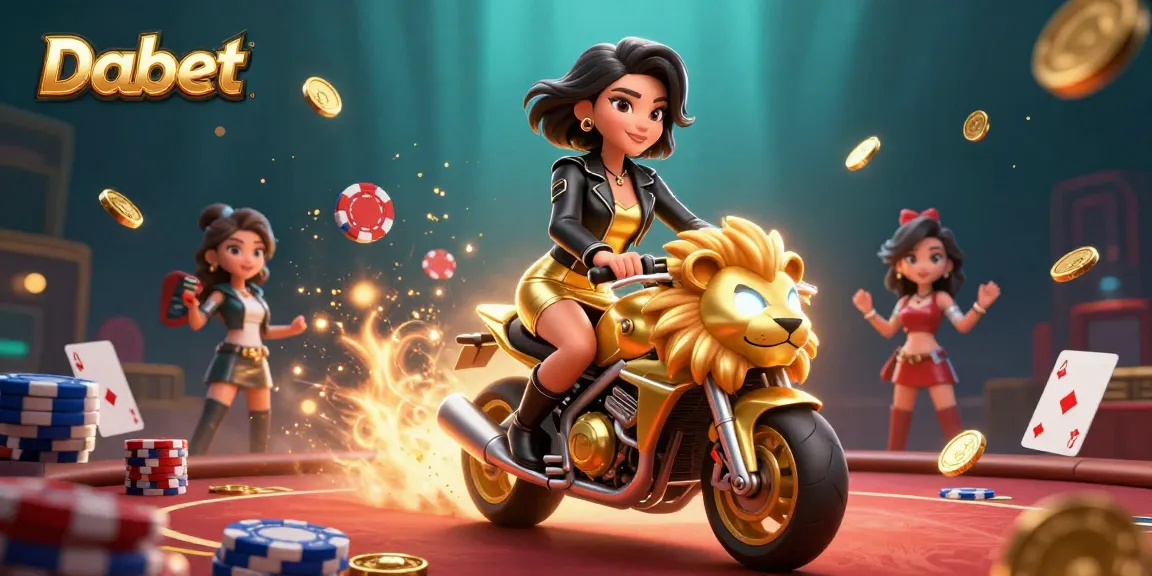 Dabet features a glamorous Asian woman riding a golden lion in a lively casino scene with poker elements.