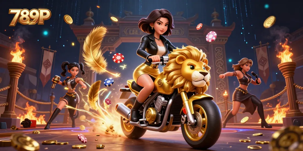 A glamorous Asian woman rides a golden lion mascot in the lively casino world of 789P, surrounded by sparks and casino elements.