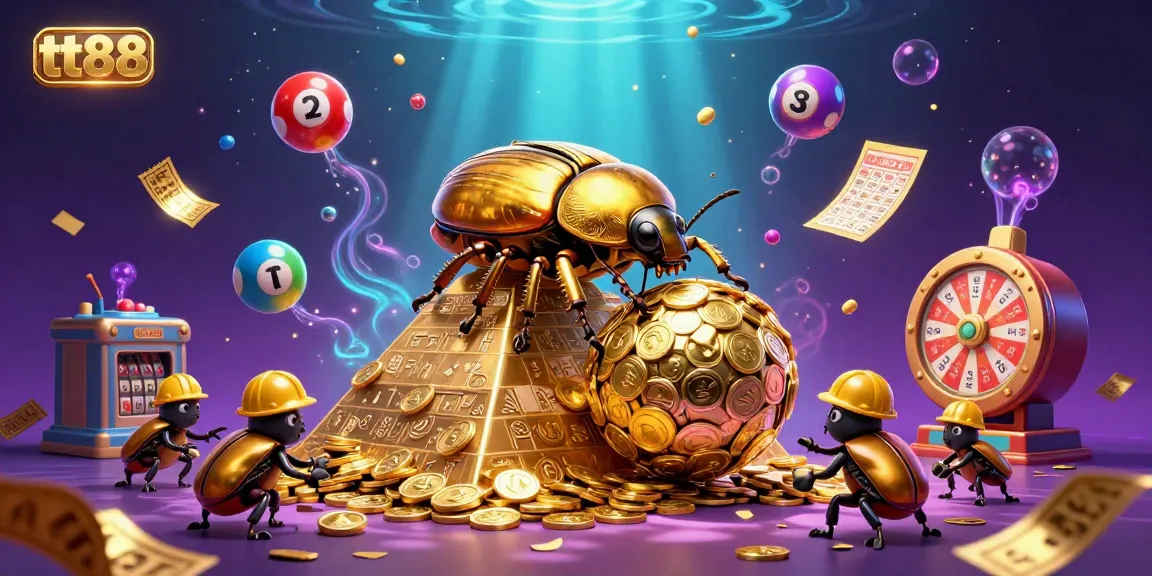 Engage in thrilling gameplay with tt88, featuring a golden beetle and vibrant lottery elements pouring excitement into the gambling world.
