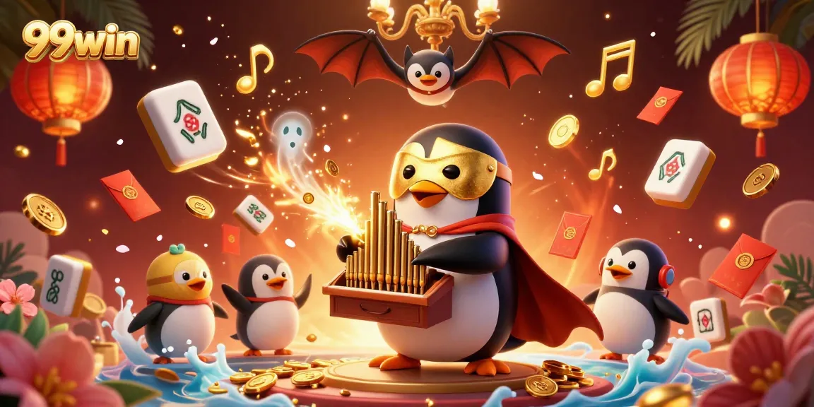 Experience the excitement at 99win with a mystical scene featuring a penguin and bat in a vibrant casino.
