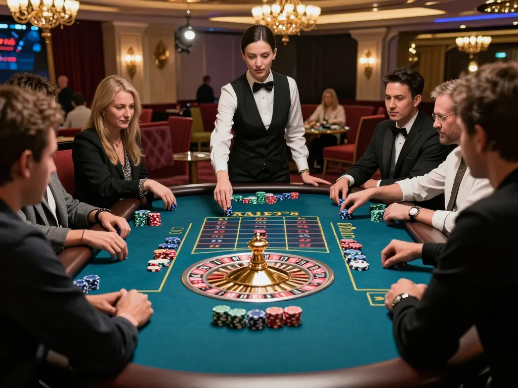Players experiencing the thrill of a Fabets roulette game with vibrant chips and a spinning wheel in a luxury casino.