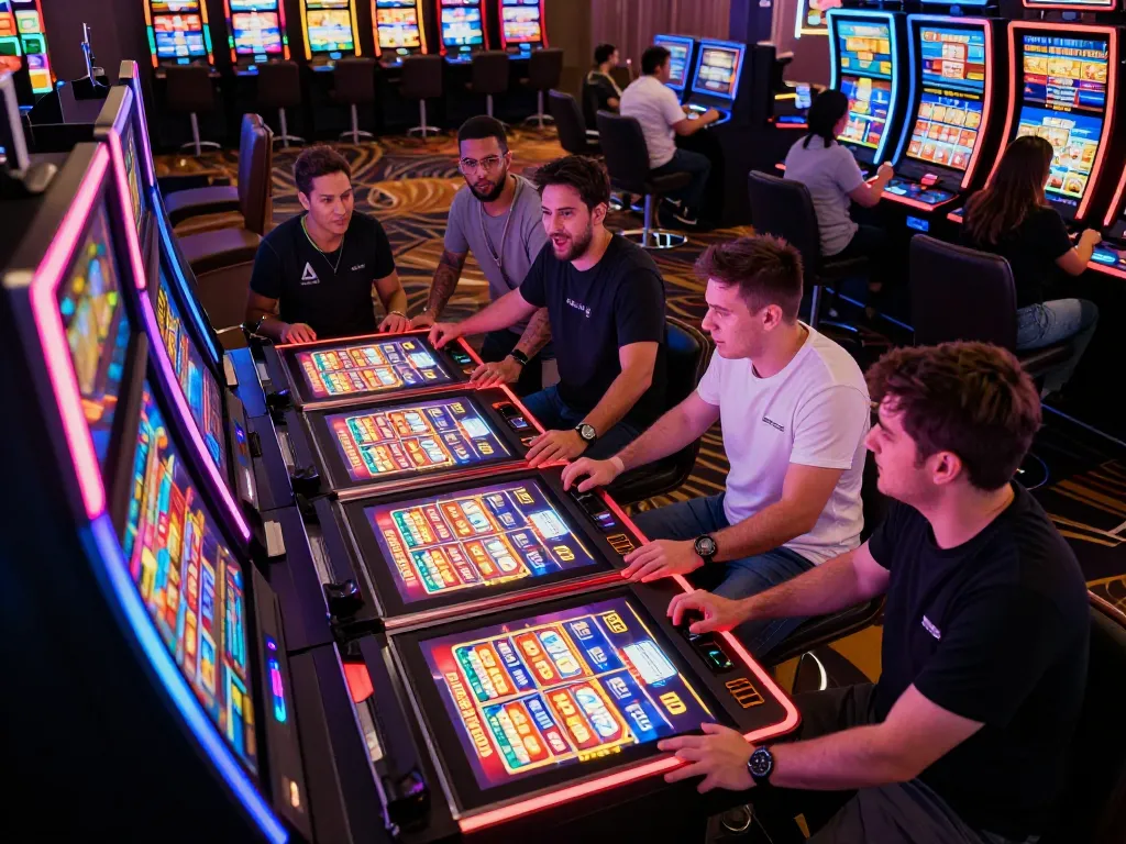 Play at luck8 as players enjoy a lively slot machine area filled with excitement and vibrant lights