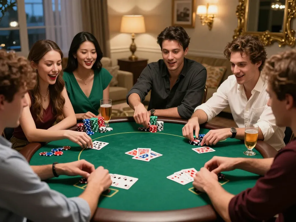 Enjoying đánh lô đề online with friends during a fun home poker night, revealing strategic gameplay excitement.