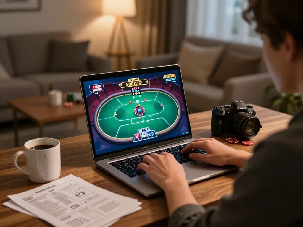 Engaging in top game bài đổi thưởng on a laptop at home, showcasing strategic gameplay.