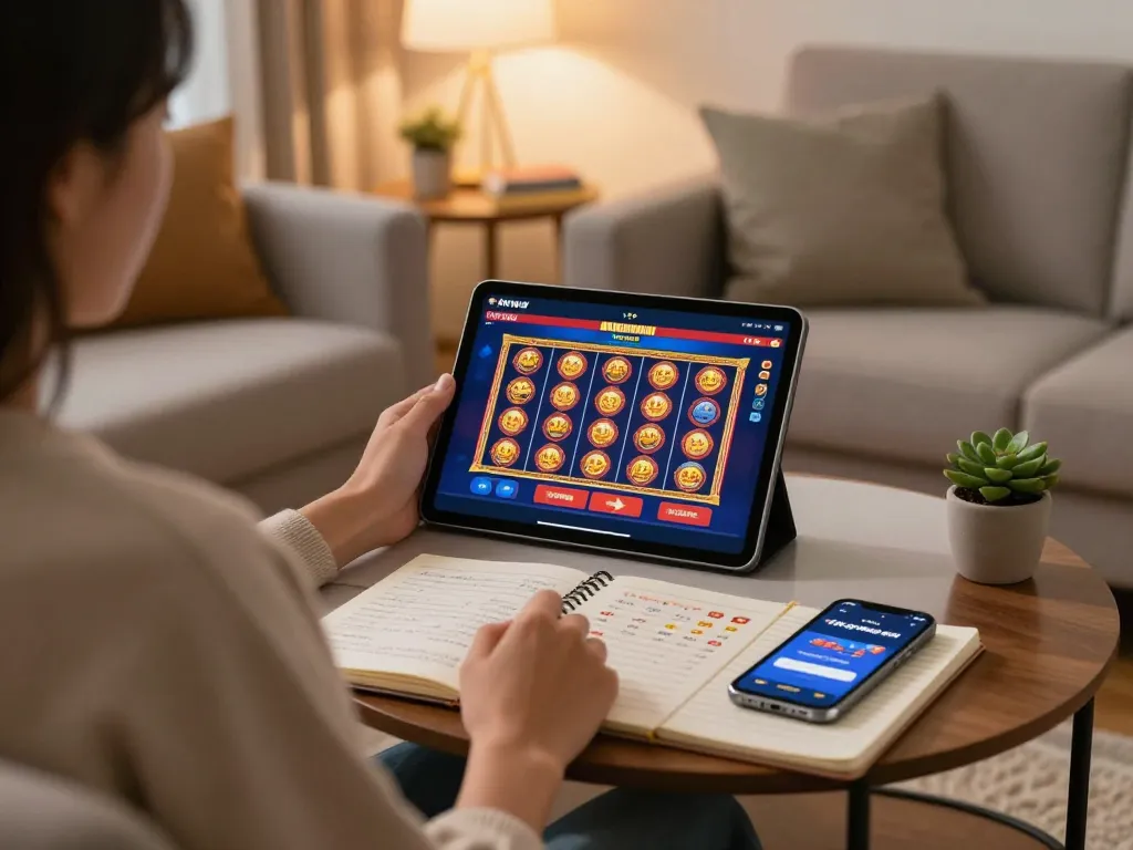 Engaging scene of a player using kkwin đăng nhập on a tablet in a cozy home setup, showcased with betting notes.