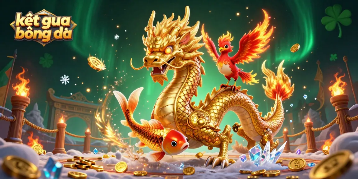 Bet on kết quả bóng đá with a dynamic dragon and phoenix scene full of vibrant energy and betting elements.