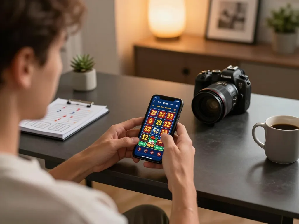 Engaging in online casino gameplay with 32 win app on smartphone during a cozy home session.