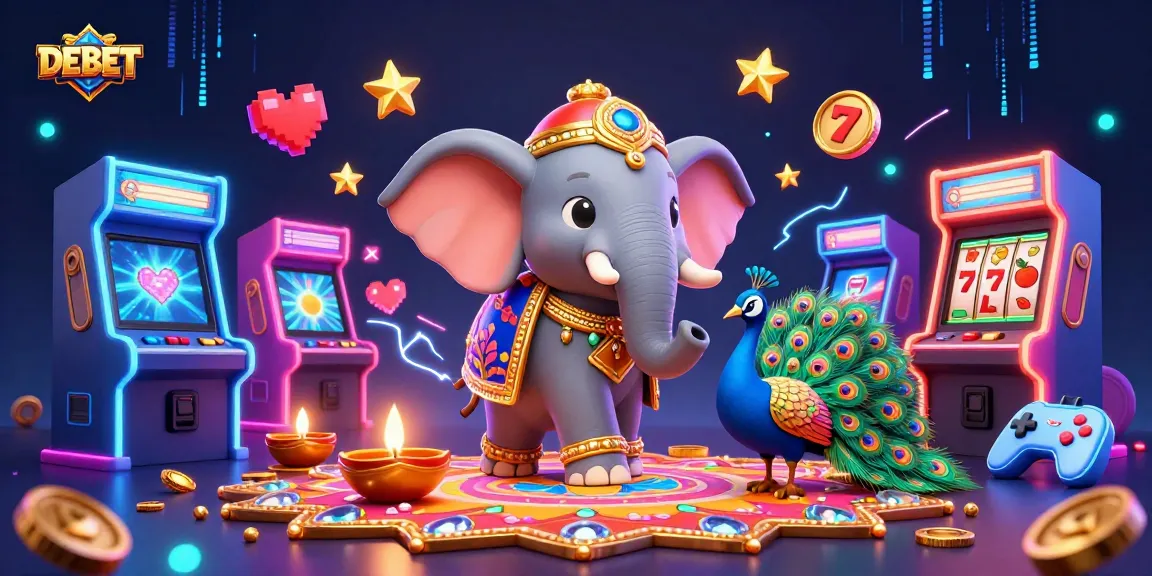 DEBET showcases a vibrant 3D illustration of a Diwali-themed elephant amidst a dynamic casino scene.