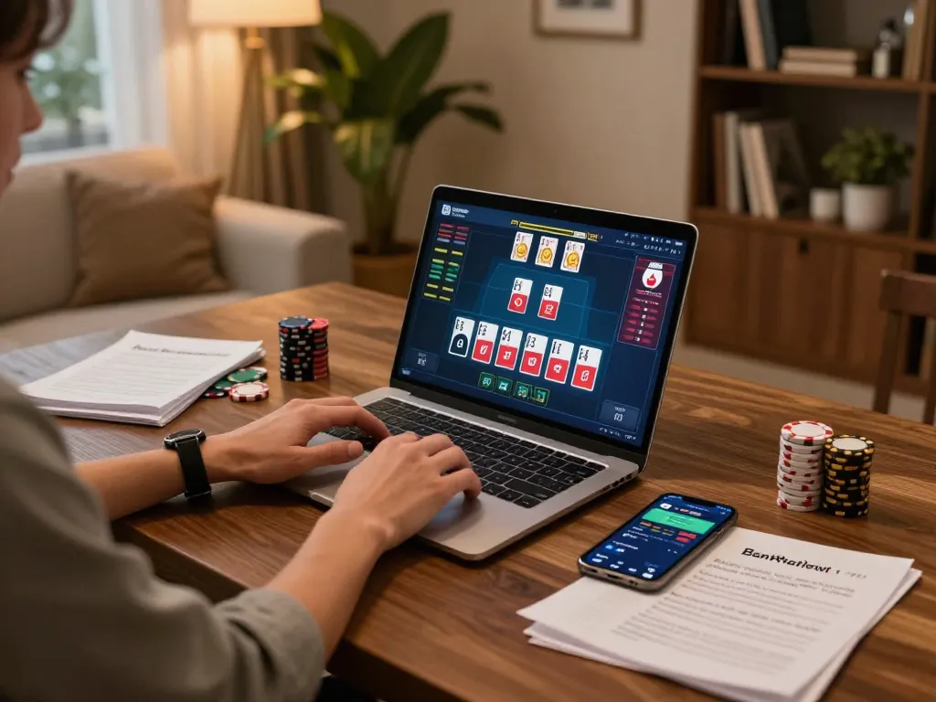 Player enjoying vsbet online poker game on laptop, with notes and smartphone in cozy home setting