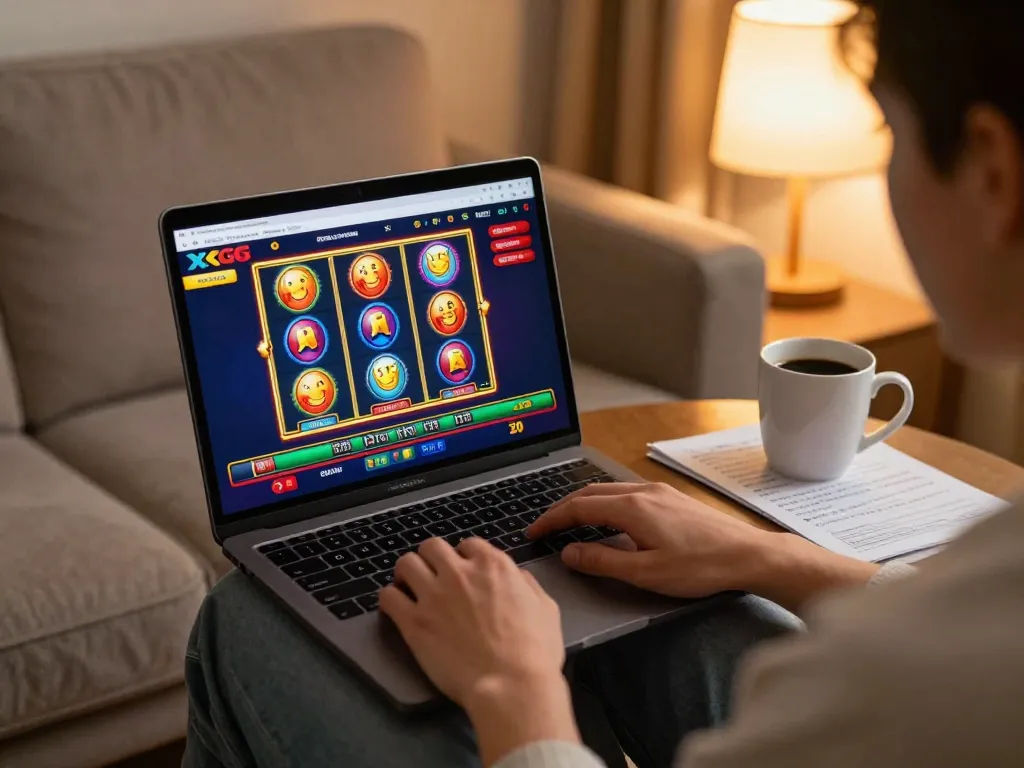 Online gambler enjoying XXGG slot games at home in a cozy setting with strategic notes.