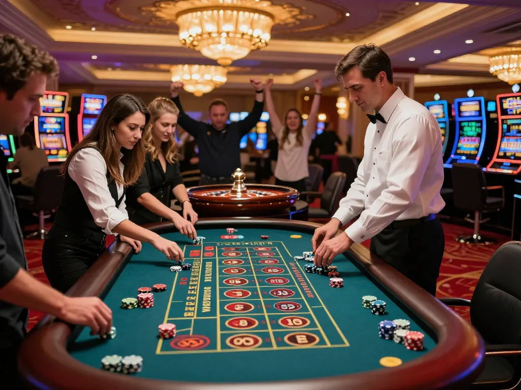 Engaging roulette game at KUBET casino showing players and dealer in vibrant atmosphere