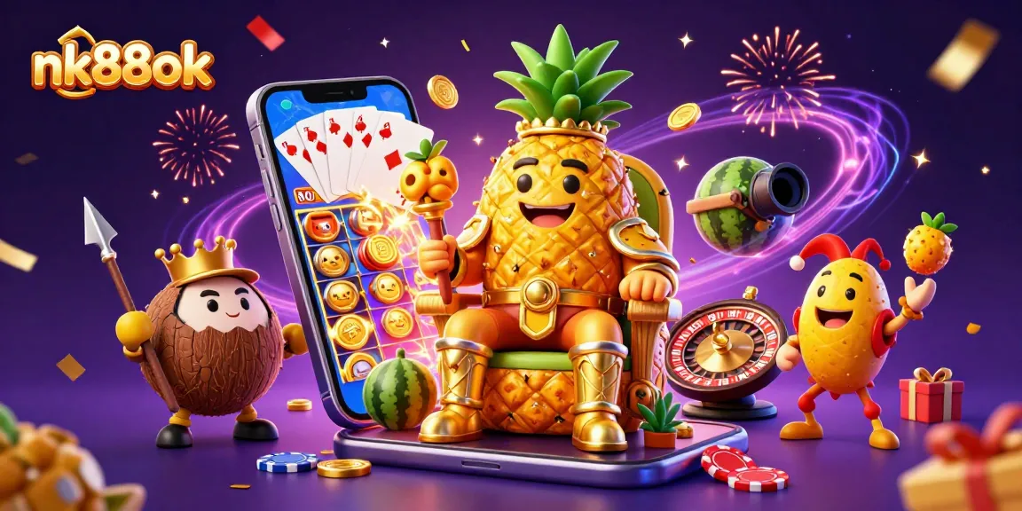 Engage in thrilling gambling action at nk88ok with the golden pineapple king and vibrant casino elements.