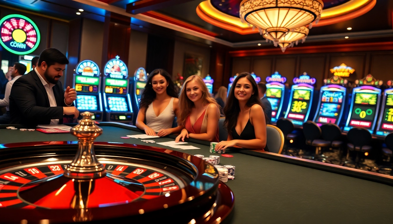 Players enjoying an exciting game at SUNWIN casino, featuring vibrant poker chips and a roulette wheel.