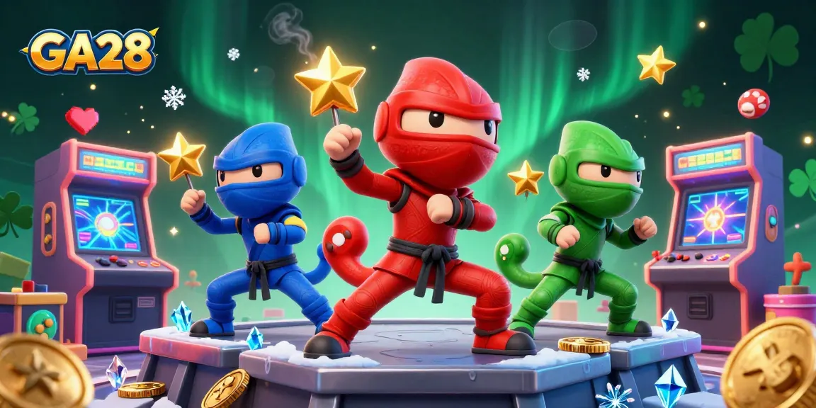 Experience the thrill of GA28 with colorful arcade elements and vibrant 3D chameleon ninjas in action.