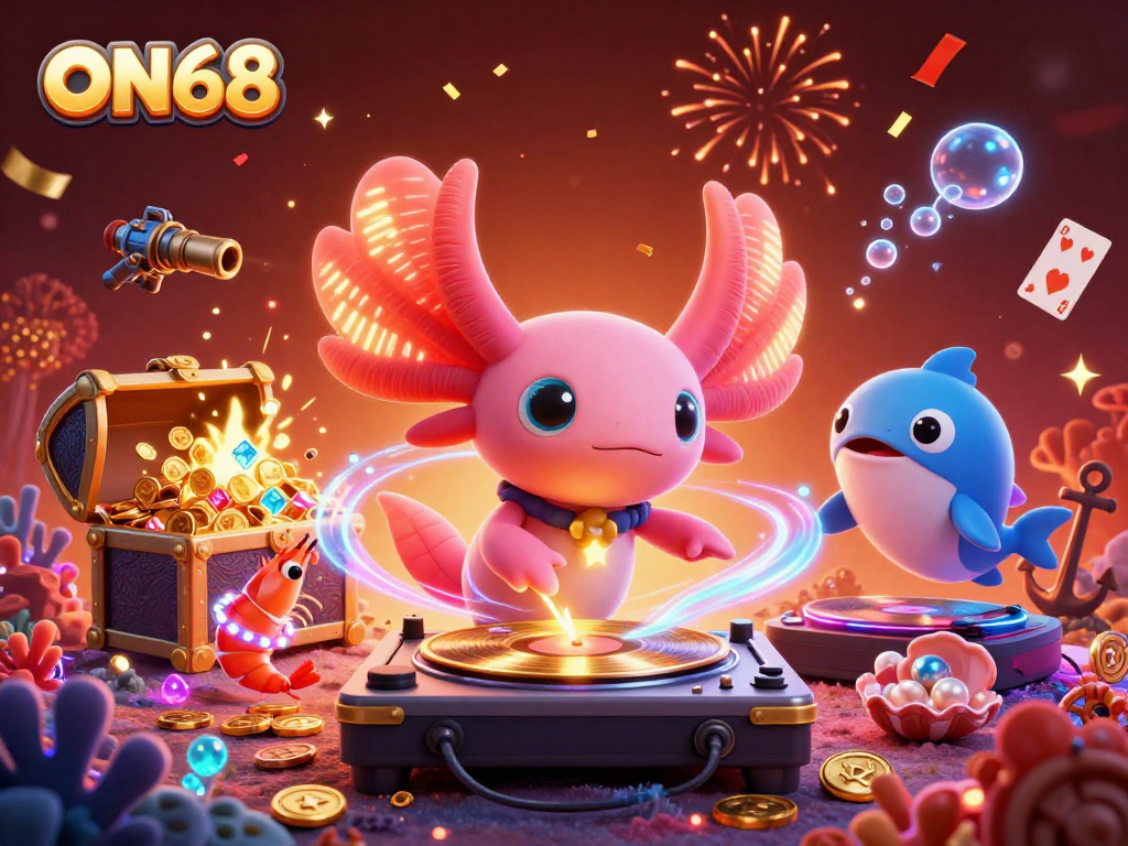 Experience the vibrant world of ON68 with a neon axolotl DJ spinning at an underwater casino party.