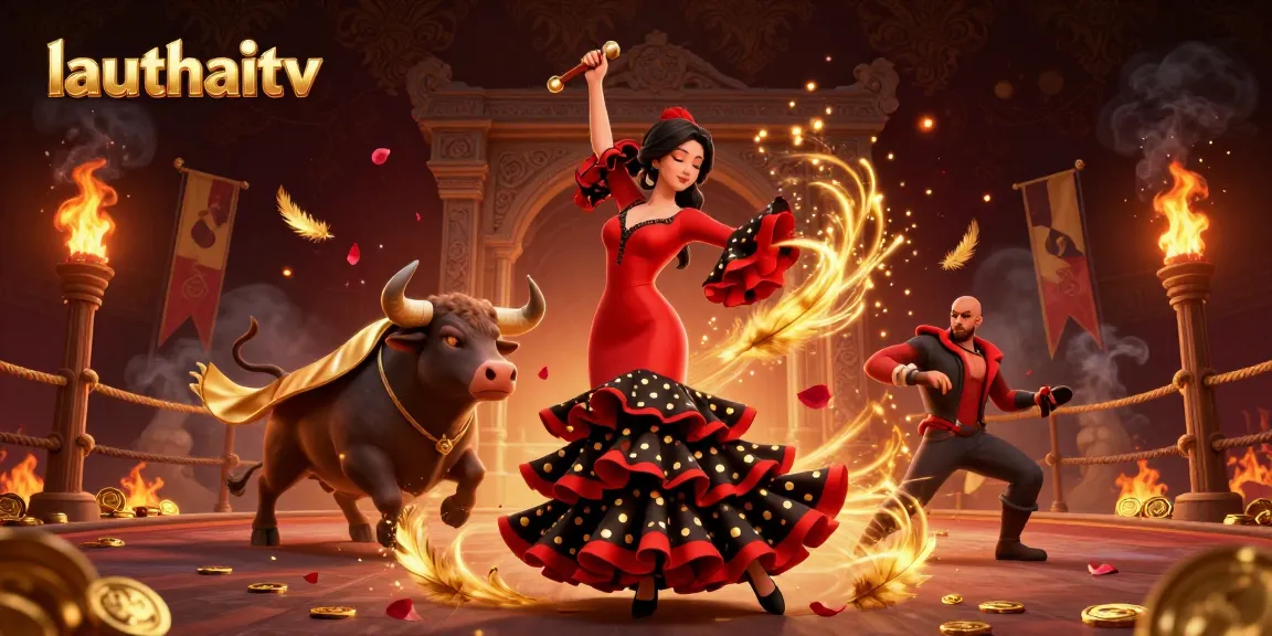 Experience lauthaitv's thrilling action with a 3D illustration of a dancing woman and bull amidst dynamic gambling elements.