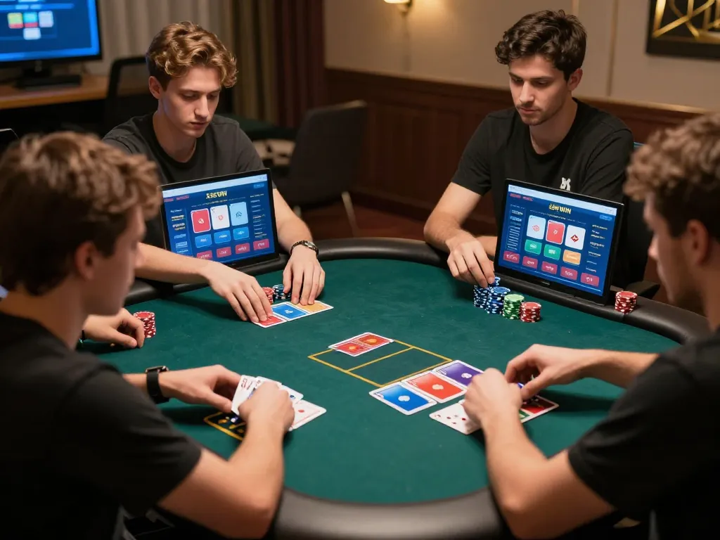 Players engaging in competitive online poker on 555WIN app, showcasing digital excitement and strategy.