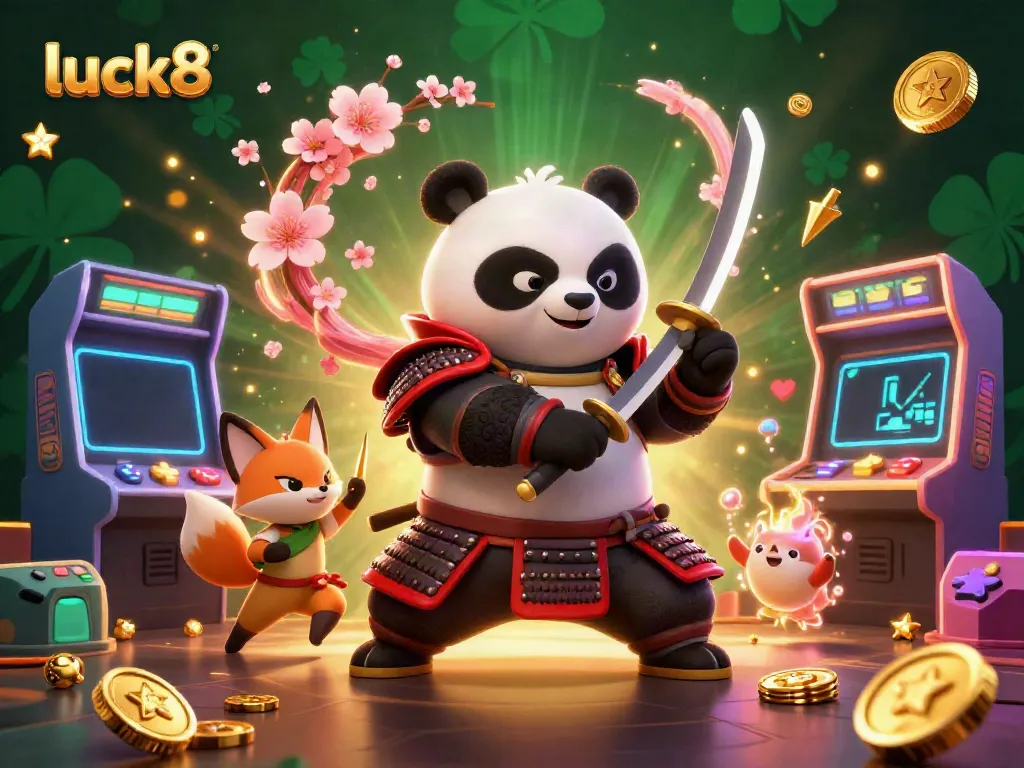 Experience luck8 as the fierce samurai panda encounters vibrant arcade elements in this thrilling casino illustration.