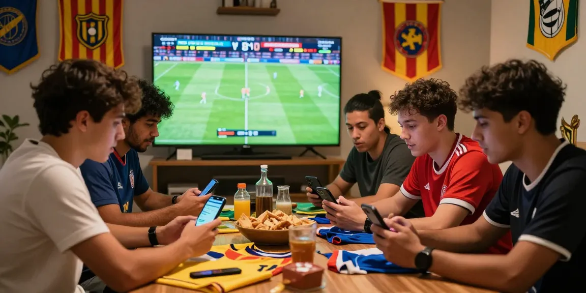 Tỷ lệ kèo nhà cái 5 in a lively football betting scene with friends analyzing live match updates and strategies.