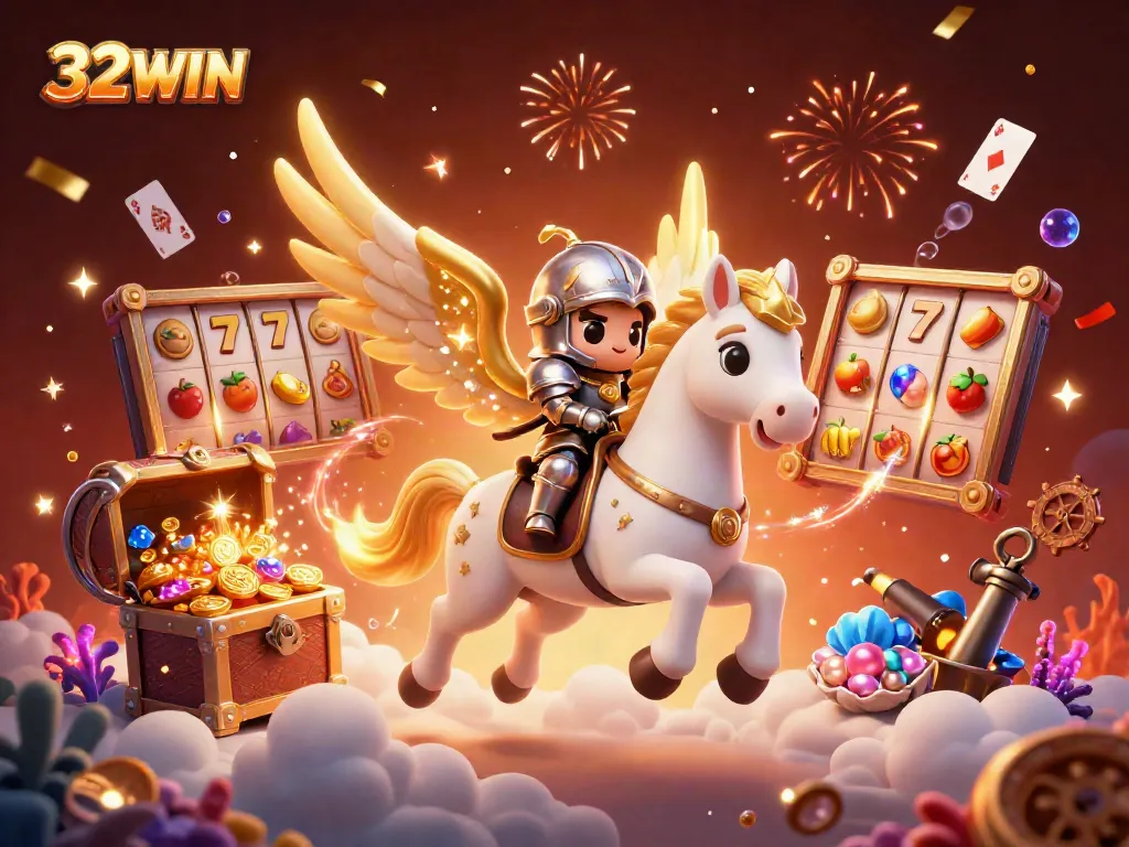 Experience thrilling gameplay with 32WIN in this vibrant 3D casino illustration featuring iconic slots.