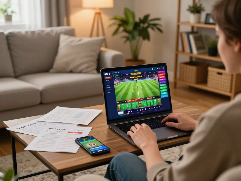 Engaged player enjoying footballl-themed online casino from home, showcasing gaming setup.
