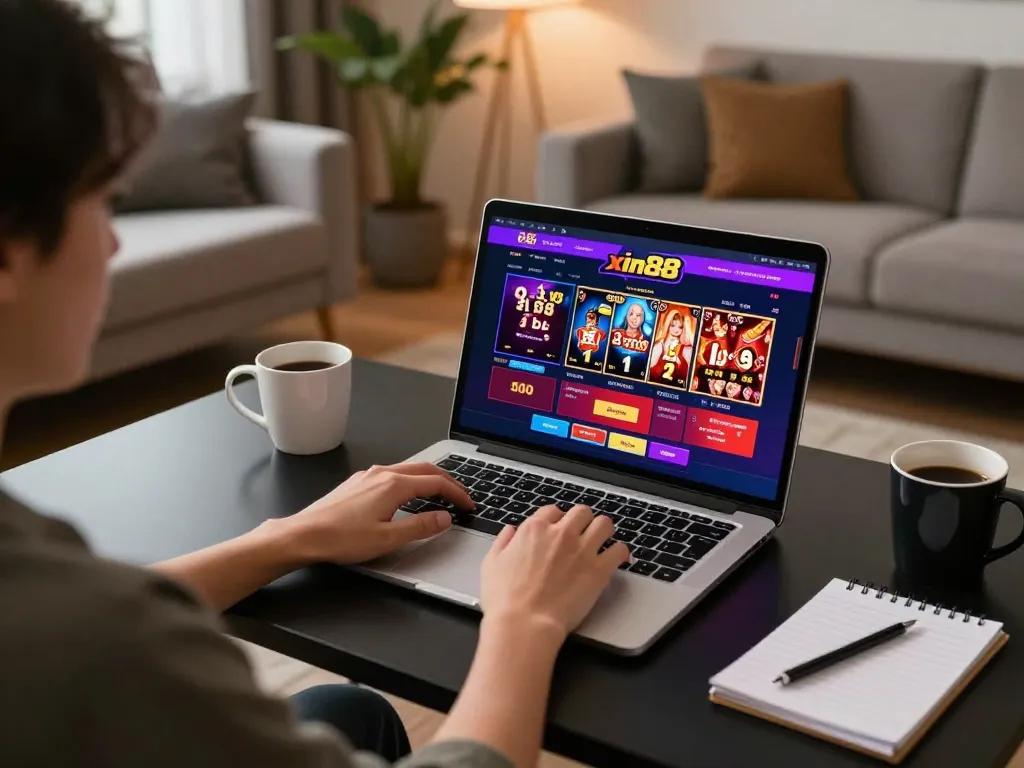Engaging with nhà cái xin88 interface on a laptop for online gaming in a cozy setting