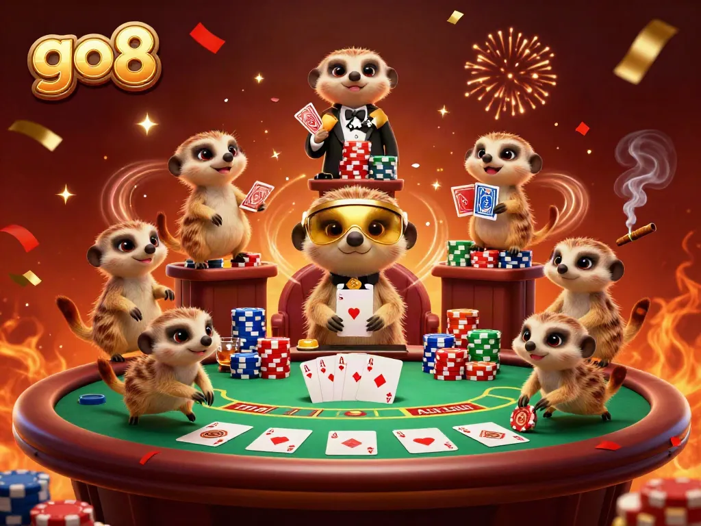 Experience go8's vibrant casino atmosphere with meerkats in action at a lively poker scene.