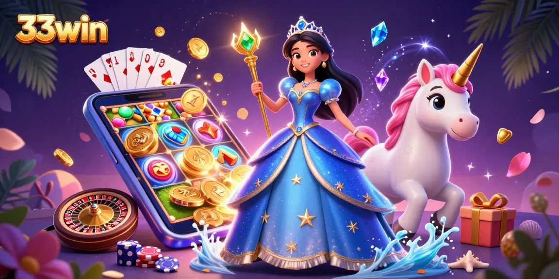 Experience the thrill of 33win with enchanting visuals of a regal woman and magical unicorn, symbolizing excellence in online gaming.