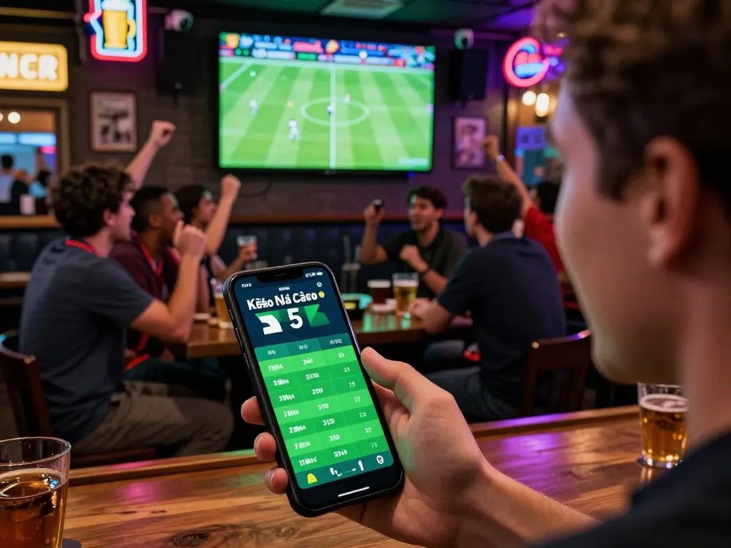 Engaging in Kèo Nhà Cái 5 sports betting with friends in a lively sports bar.