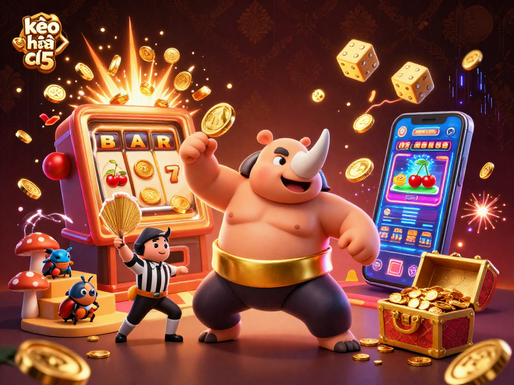 Experience the thrill of kèo nhà cái 5 with a vibrant illustration of a sumo champion beetle amidst a casino explosion.