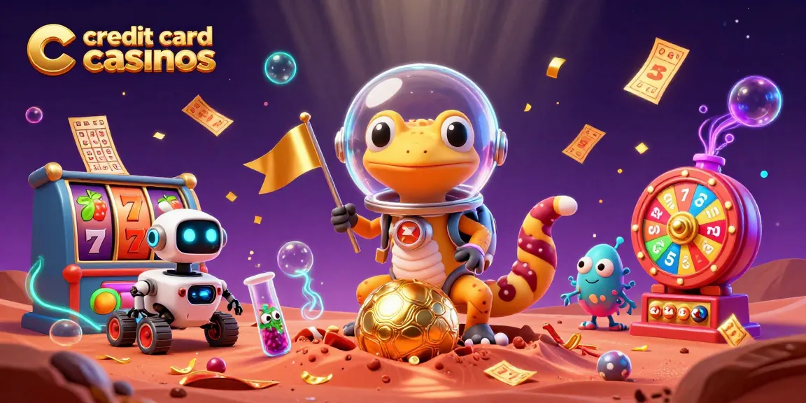 Exciting scene of credit card casinos featuring a Martian gecko exploring a golden casino with dynamic slot game elements.