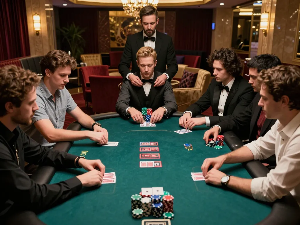 Intense moment at a high-stakes poker game reflecting 89 bet strategies in a luxurious casino setting.