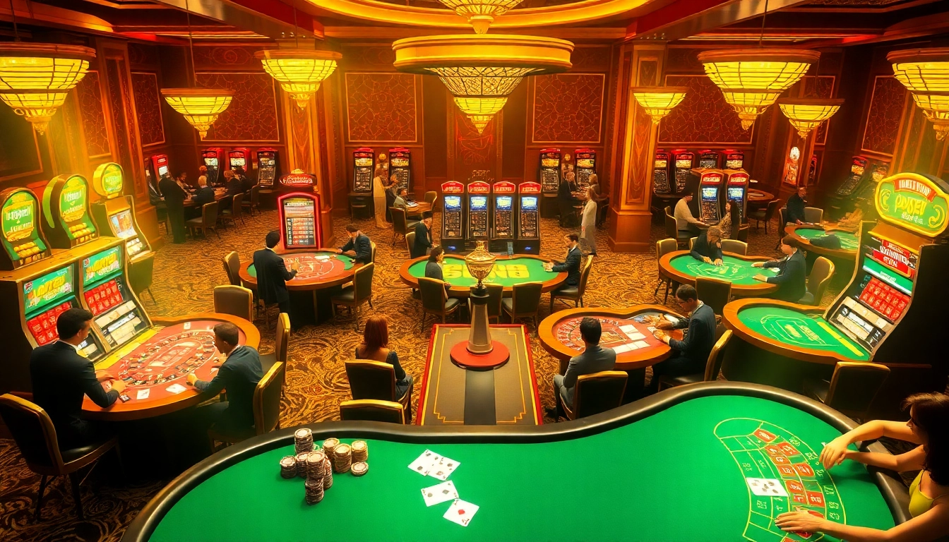 Players enjoying various games at LuckyWin casino, focused on winning poker hands and jackpots.